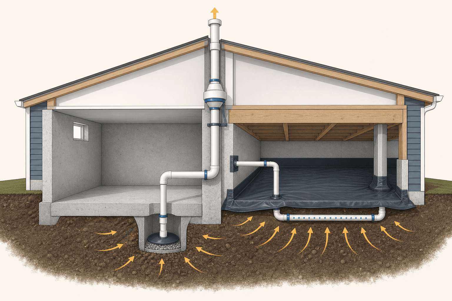 Illustration comparing sub-slab suction and a sealed crawlspace membrane system