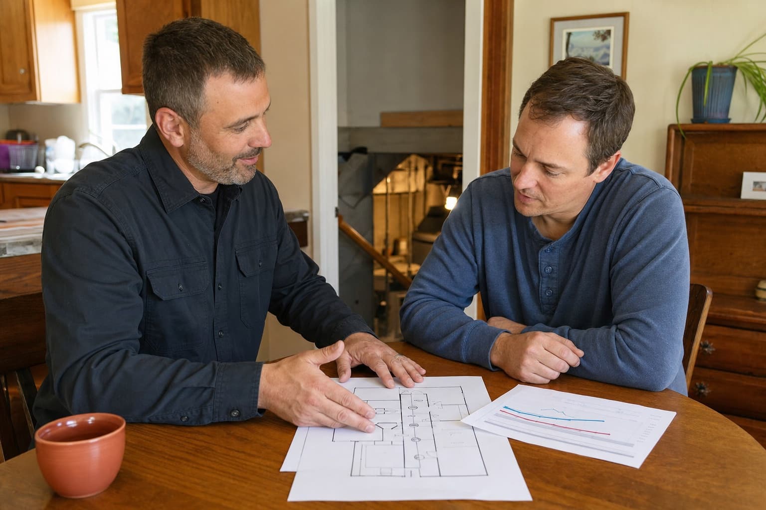 Representative contractor and homeowner reviewing a property-specific radon mitigation plan