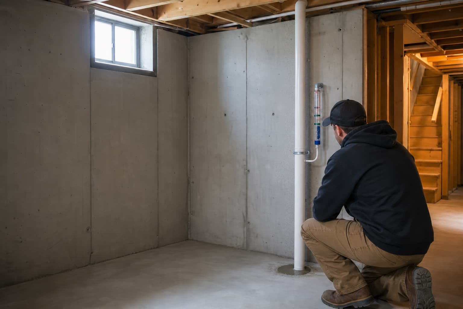 Radon mitigation contractor inspecting a professionally installed basement suction pipe and system monitor
