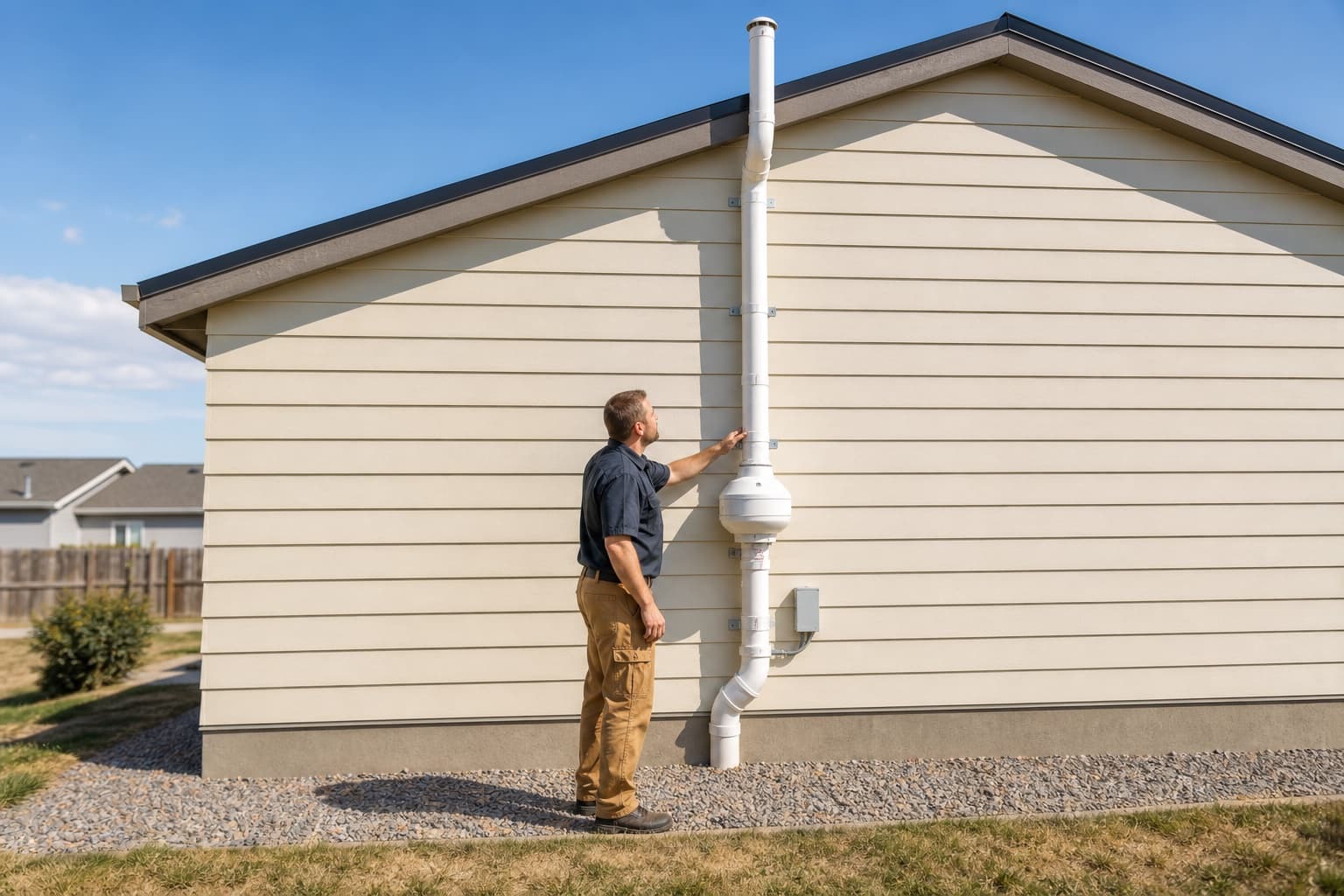 Representative exterior radon mitigation system with the fan and discharge pipe mounted on a windowless gable wall