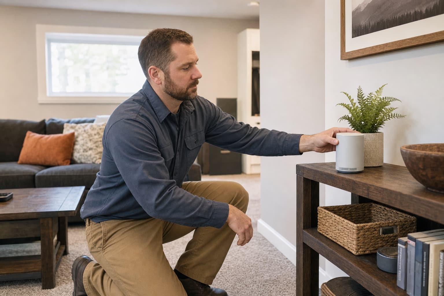 Representative technician placing a continuous radon monitor in a finished lower-level room